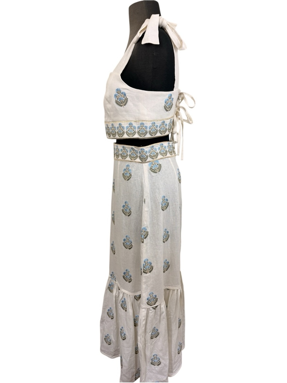Rosewater House Cream Embroidered Tie-Shoulder Maxi Skirt Set White Linen - Picture 4 of 15